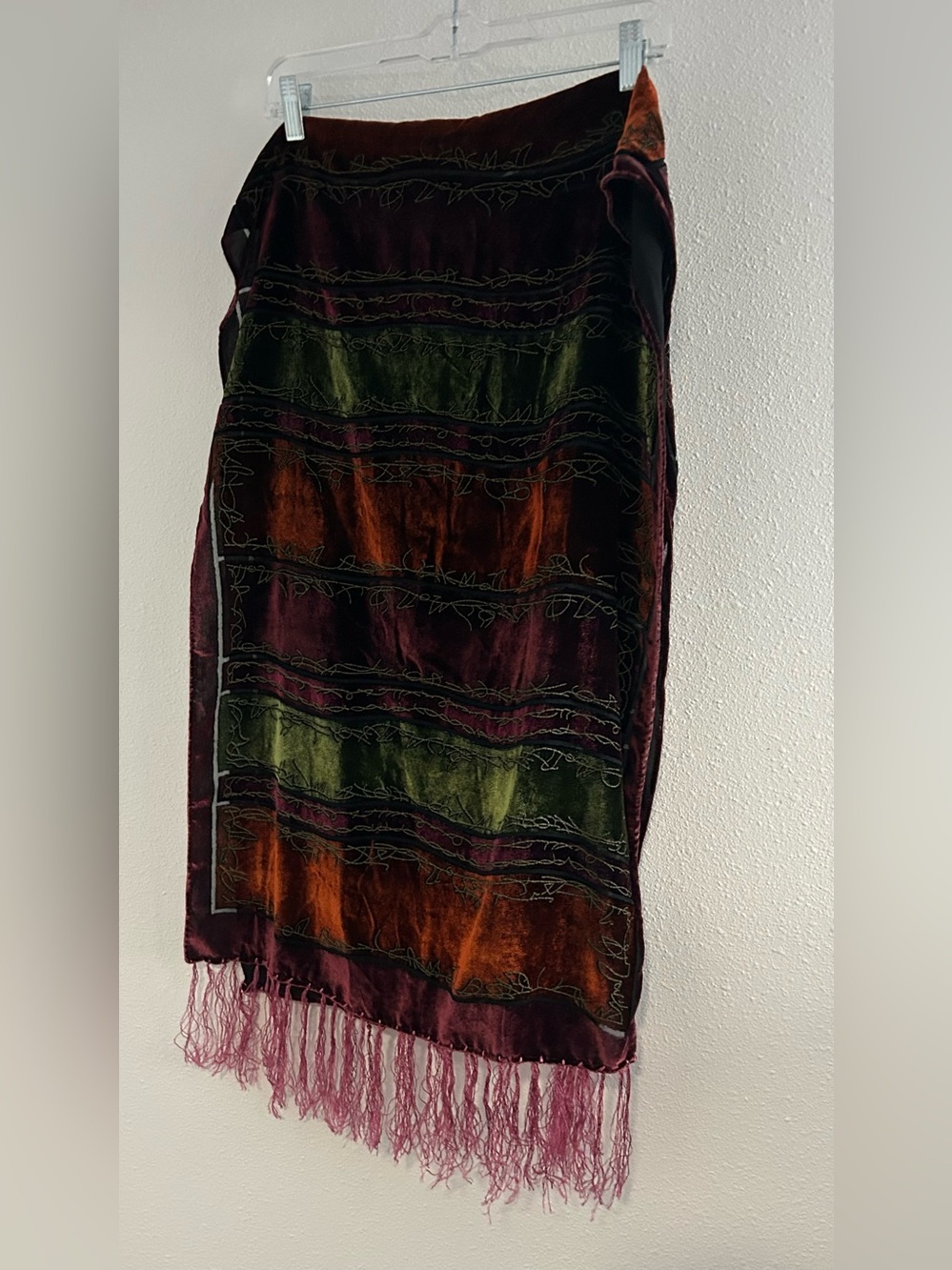 Velvet Fringe Scarf in Burgundy, Olive & Rust